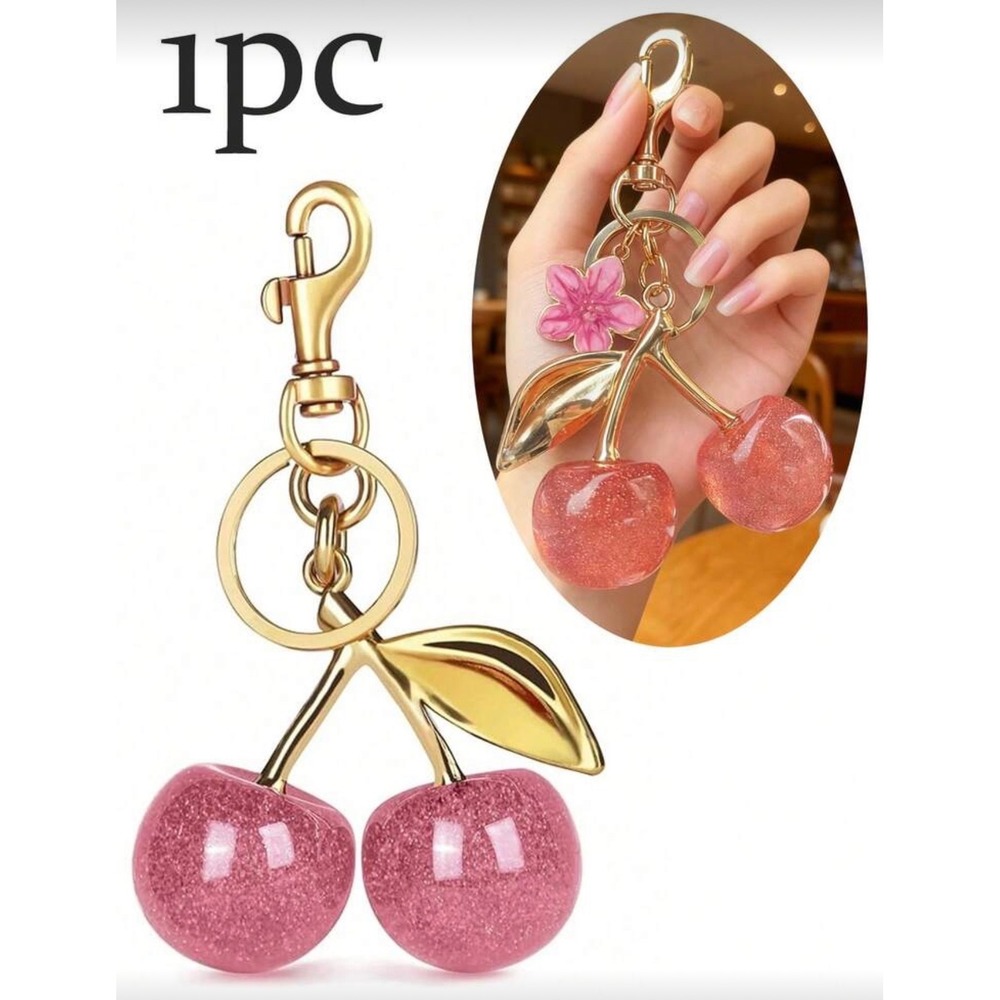 Pink Glitter Cherry Bag Charm Keychain Gold Tone Resin Fruit Pendant Accessory